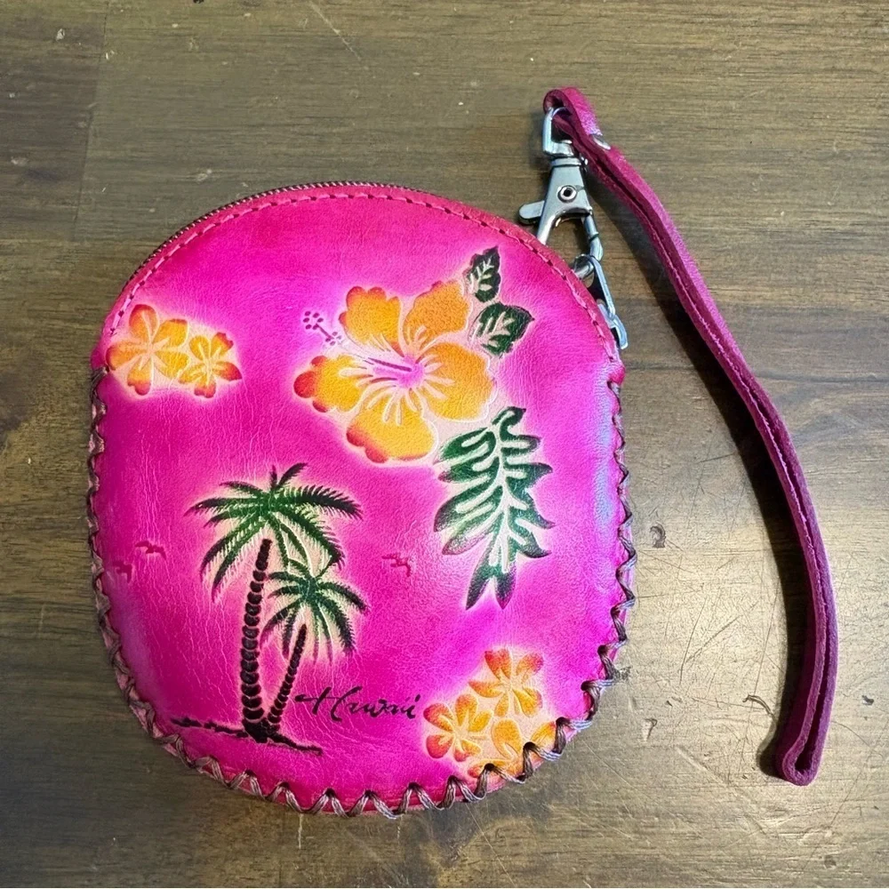 Hawaiian Coin Zip Wallet Purse Wristlet Pink Resort Palm Tree Vacation Tooled